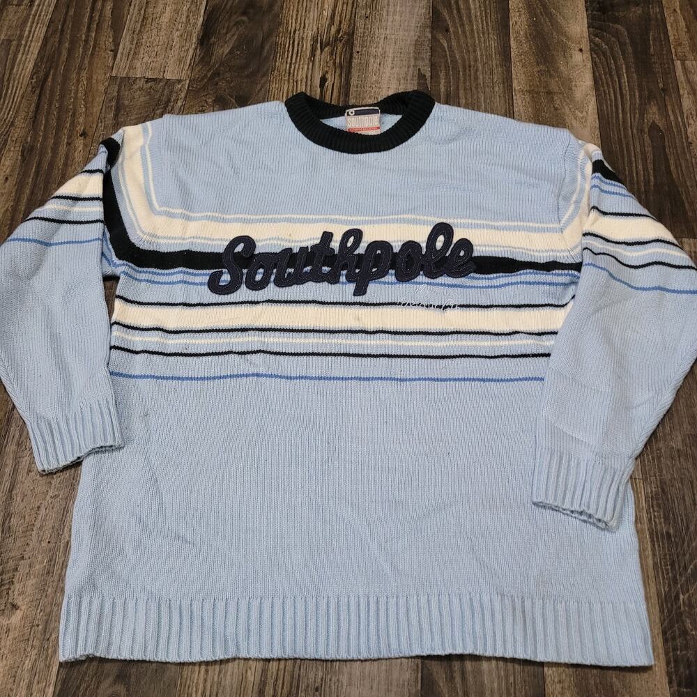 Vintage Y2K Southpole Logo Crewneck Sweater Pullover Light Blue Mens XXL Striped